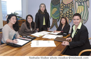 Dara meets with Communications-Pacific colleagues, from left, Melissa Kamei-Malahoff, Christine Su, Christina Kemmer and Gae Bergquist-Trommald