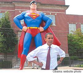 Barack Obama in front of Superman statue
