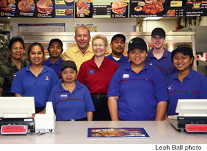 Johnson with staff at the Ala Moana Boulevard restaurant, from left, Vasa Pousoo, Julie Jandoe, Joseph Asit, Amy Garingo, Carlyne Owens, Rosen Ham, Cyndy Marcos, Darrell Wilkerson and Regine DelaCruz