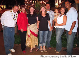 Wilcox, in red, with (from left) husband Jeff Brown, daughter Kai and family members Maile Oliveira, Alex Oliveira, Sydney Cazimero, Liza Cazimero and Ben Cazimero