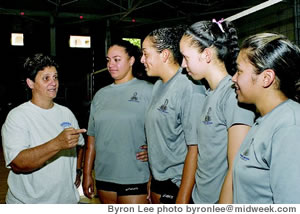 Coach Glennie Adams with Chaminade players Lila Sapolu, Evelyn Bluthenthal, Trina Kauli-Akamoa and Krista Catian