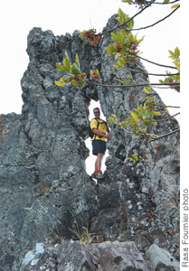 Craig Stier, framed by one of Olomana's unusual rock formations
