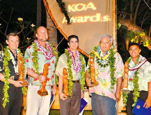 Daniel White (from left), Jeff Alexander, Kaleo Taft (on behalf of Dustin Shindo), Obed Donlin and Jon Santiago stand to be honored as the 2006 Kapolei Outstanding Achievement awardees. Photo from Tracy Ching.